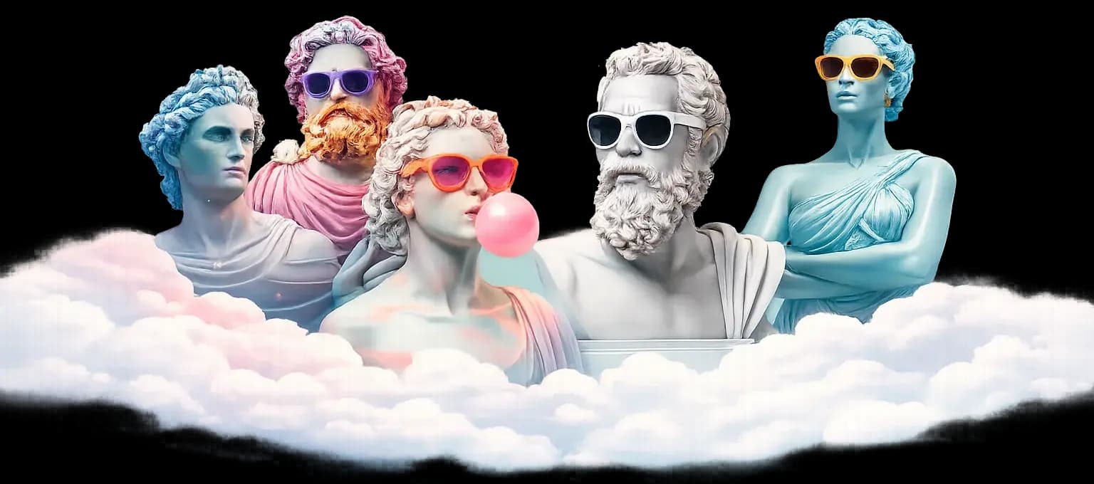 Greek statues wearing sunglasses in a colorful, fun setting representing the EPOS approach to learning Greek